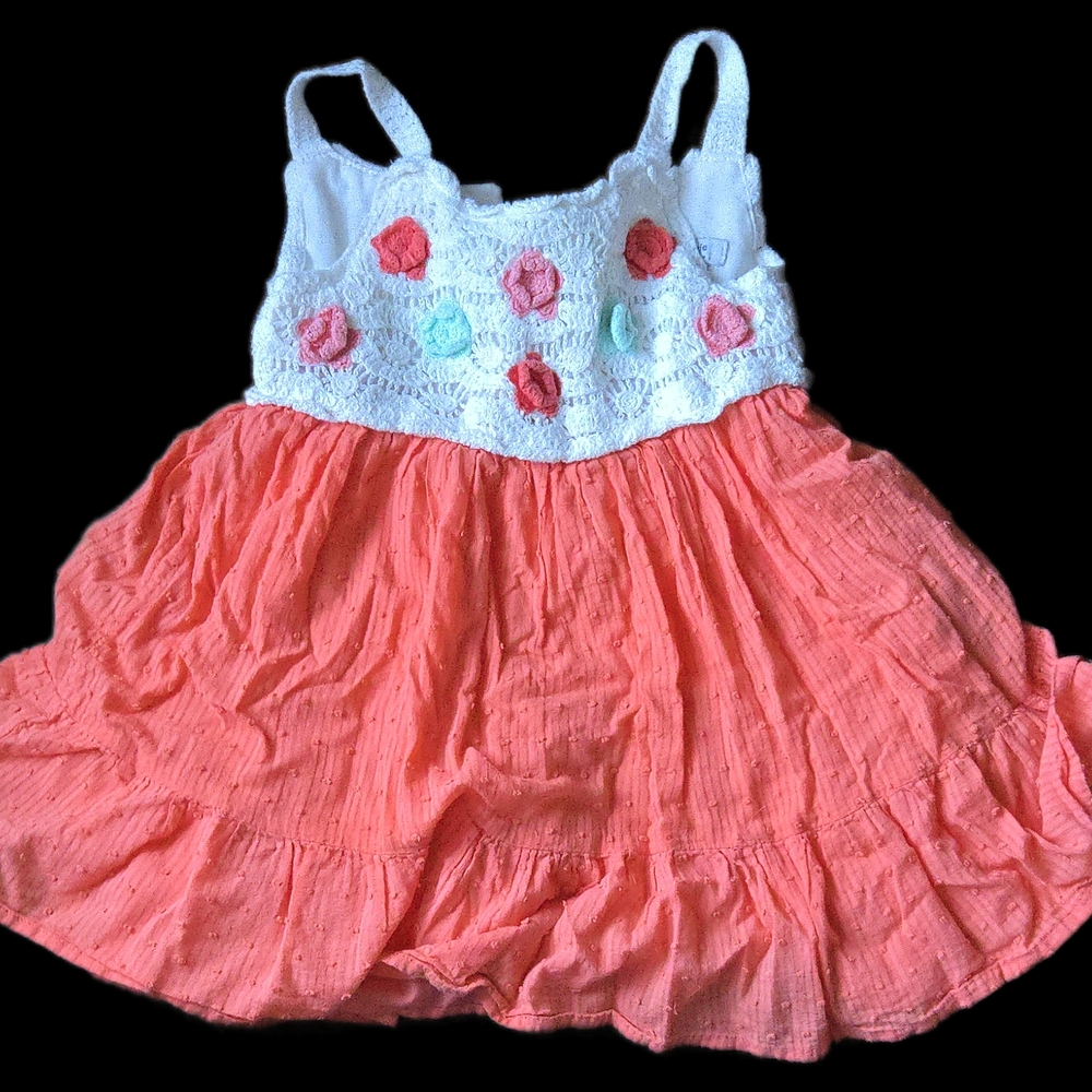 Coral and White Sleeveless Dress with Floral Accents